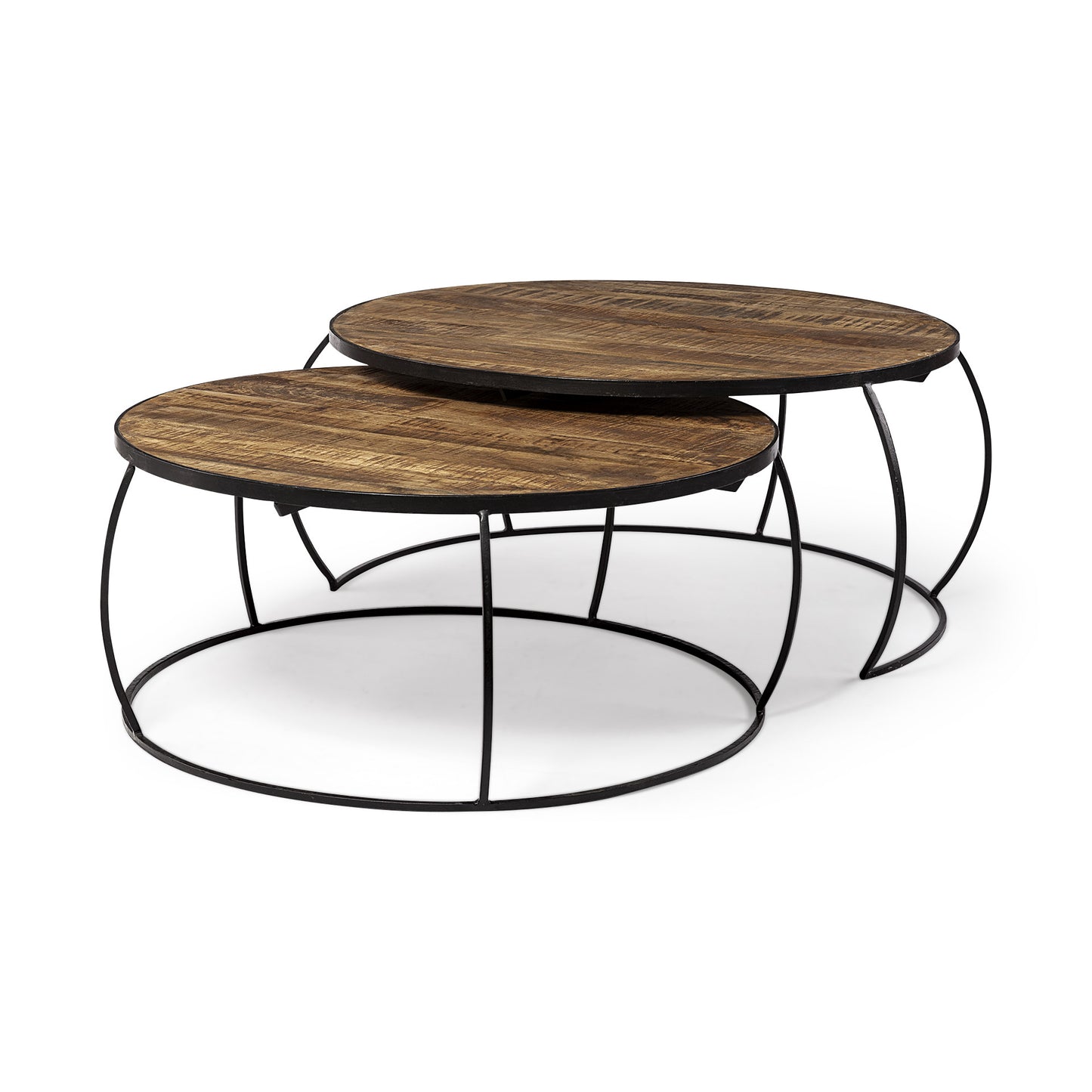 Brown and Black Wood and Metal Round Nested Coffee Tables