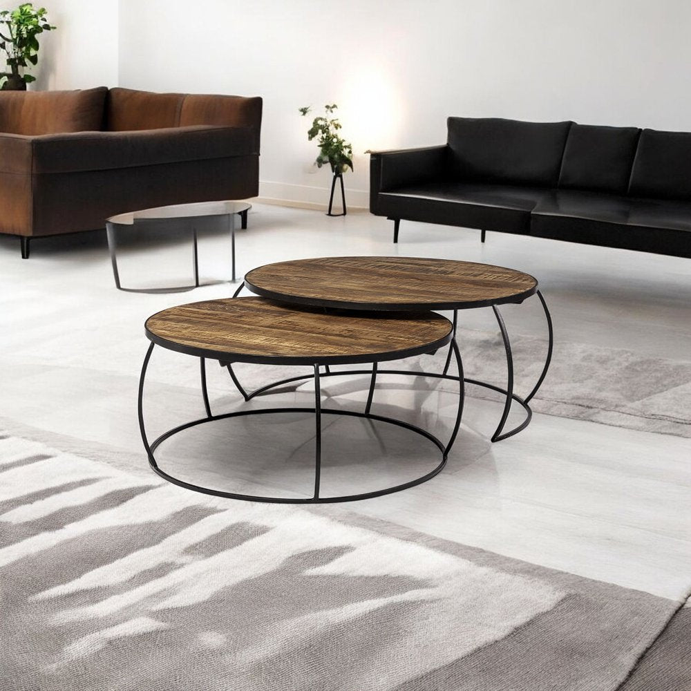 Brown and Black Wood and Metal Round Nested Coffee Tables