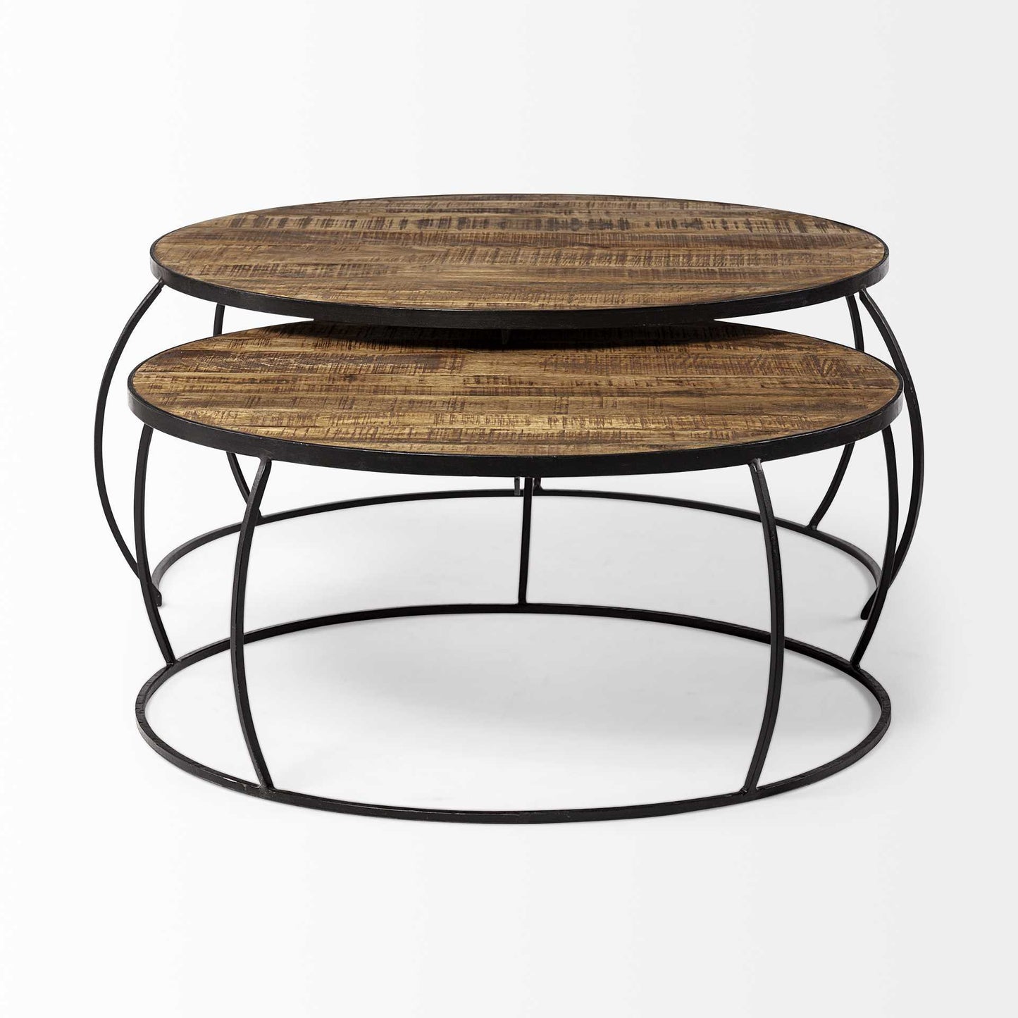 Brown and Black Wood and Metal Round Nested Coffee Tables