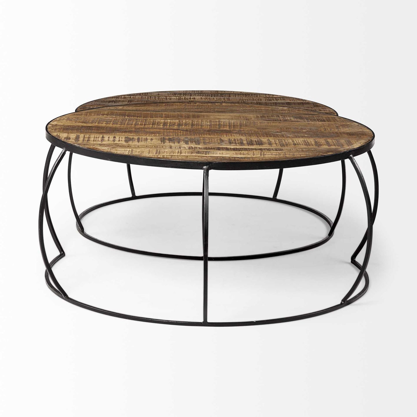 Brown and Black Wood and Metal Round Nested Coffee Tables