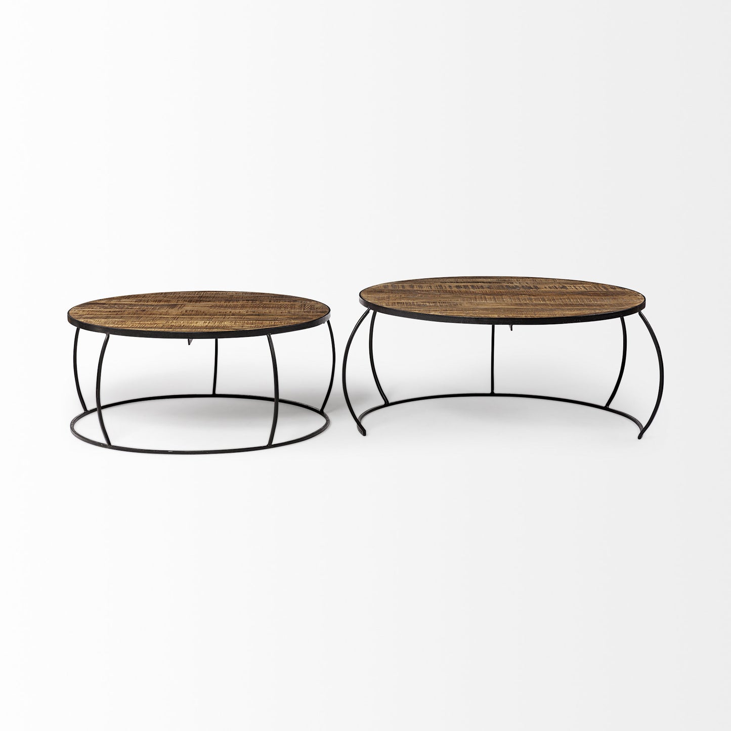 Brown and Black Wood and Metal Round Nested Coffee Tables