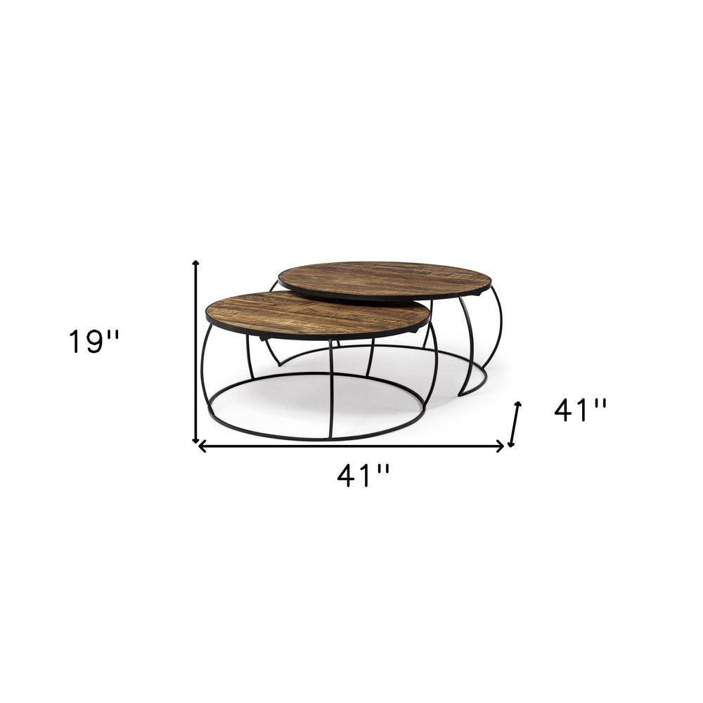 Brown and Black Wood and Metal Round Nested Coffee Tables