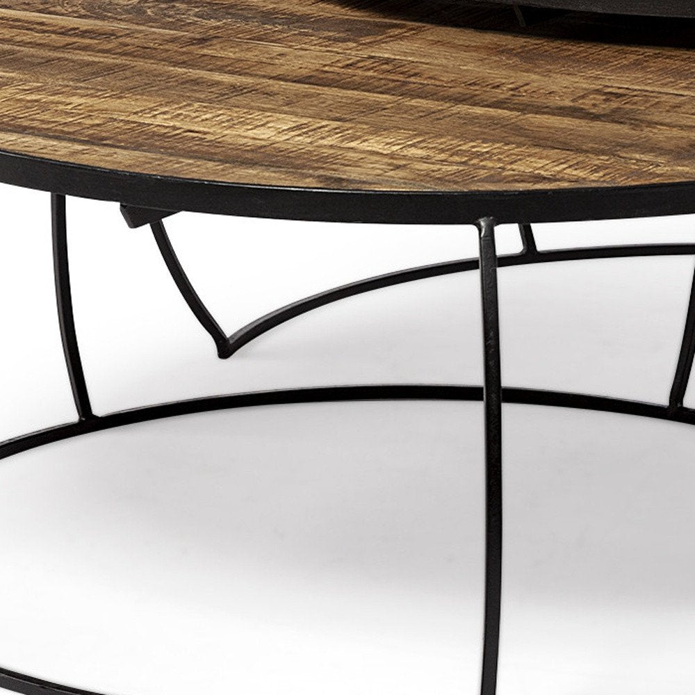 Brown and Black Wood and Metal Round Nested Coffee Tables