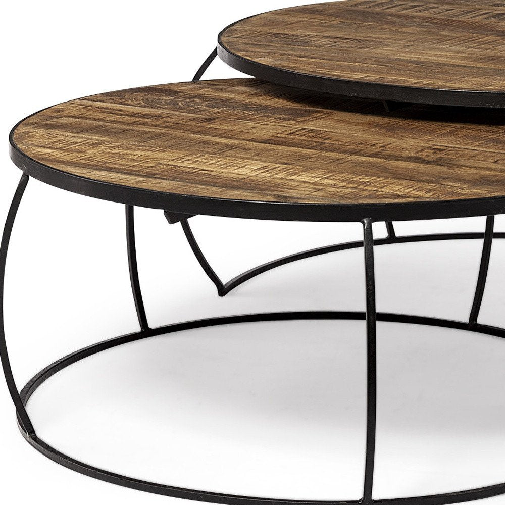 Brown and Black Wood and Metal Round Nested Coffee Tables