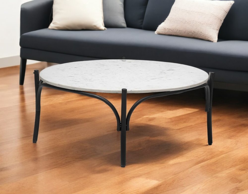36" Brown and Black Wood and Metal Round Coffee Table