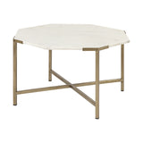 33" White and Gold Genuine Marble and Metal Octagon Coffee Table