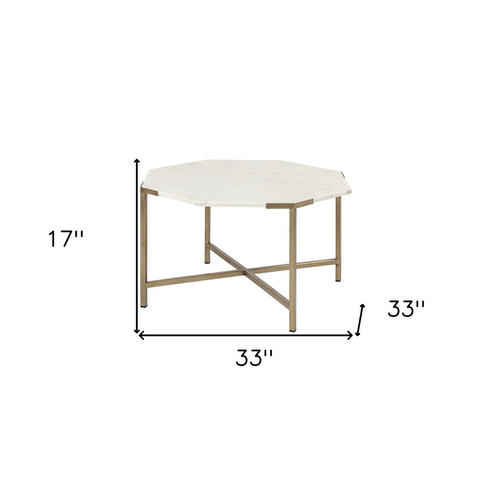 33" White and Gold Genuine Marble and Metal Octagon Coffee Table