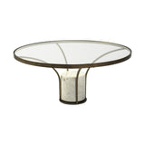 36" Antiqued Gold And White Glass Iron and Marble Round Pedestal Coffee Table