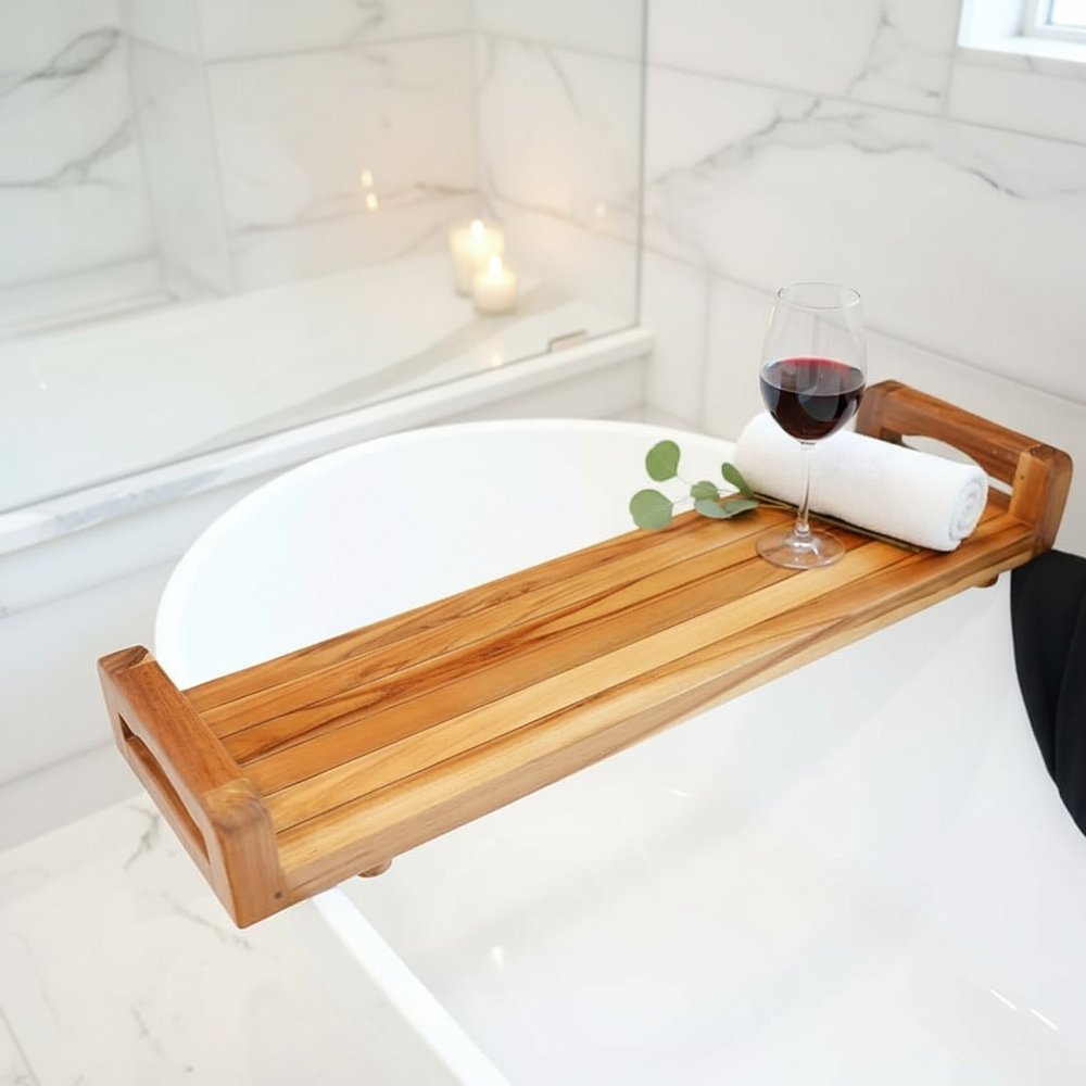 29"W Natural Teak Bath Tray and Seat with Handles