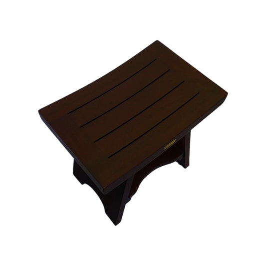 Compact Curviliniear Teak Shower Outdoor Bench With Shelf In Brown Finish