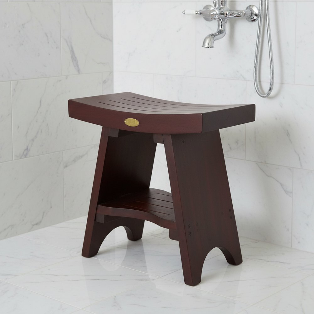 Compact Curviliniear Teak Shower Outdoor Bench With Shelf In Brown Finish