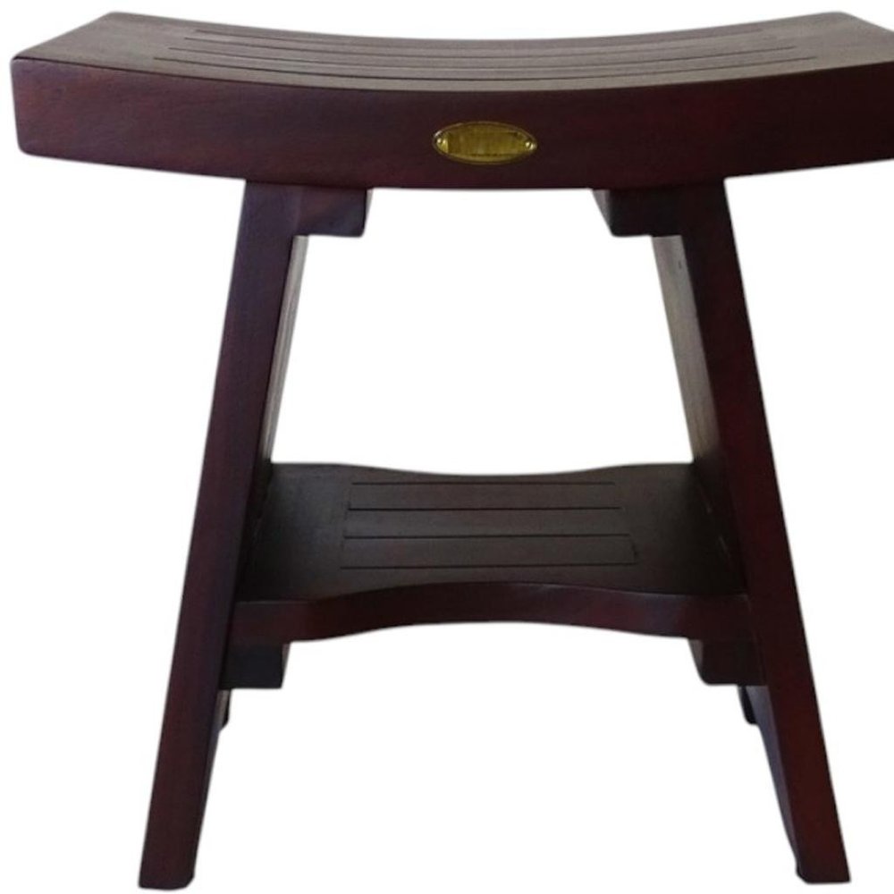 Compact Curviliniear Teak Shower Outdoor Bench With Shelf In Brown Finish