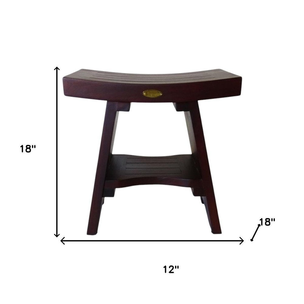 Compact Curviliniear Teak Shower Outdoor Bench With Shelf In Brown Finish