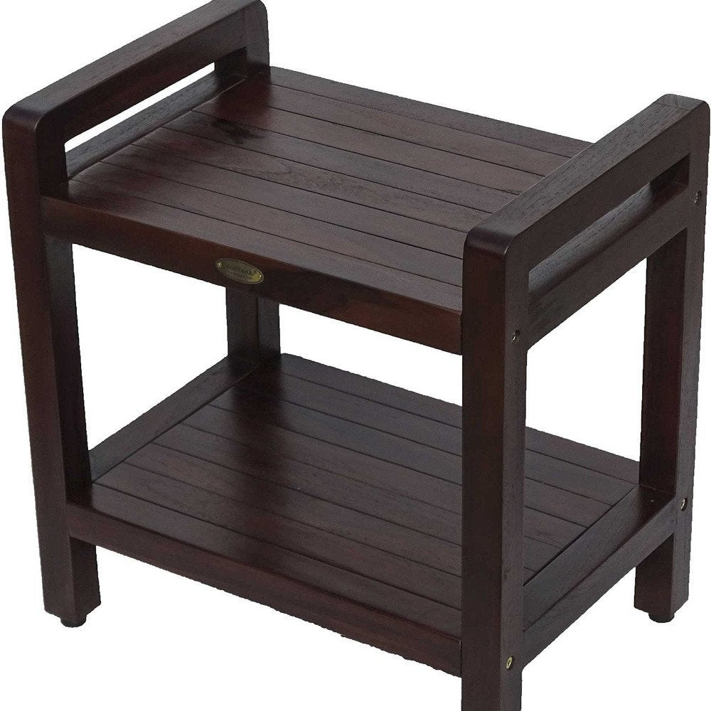 Rectangular Teak Shower Bench With Handles In Brown Finish