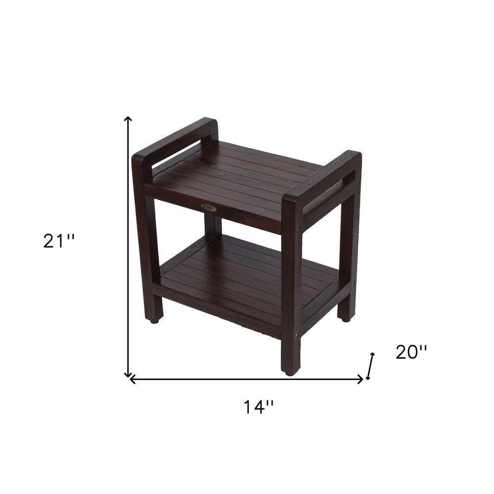 Rectangular Teak Shower Bench With Handles In Brown Finish