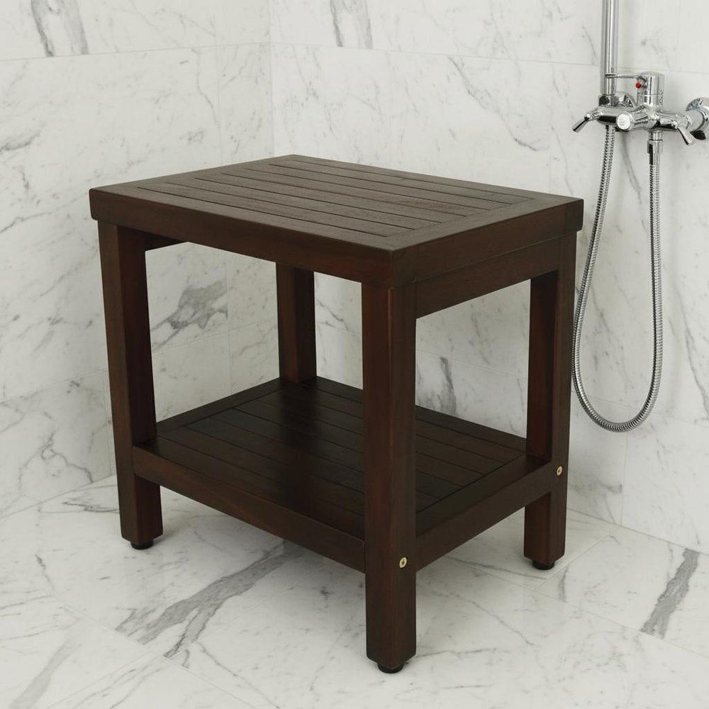 Compact Rectangular Teak Shower Or Outdoor Bench With Shelf In Brown Finish