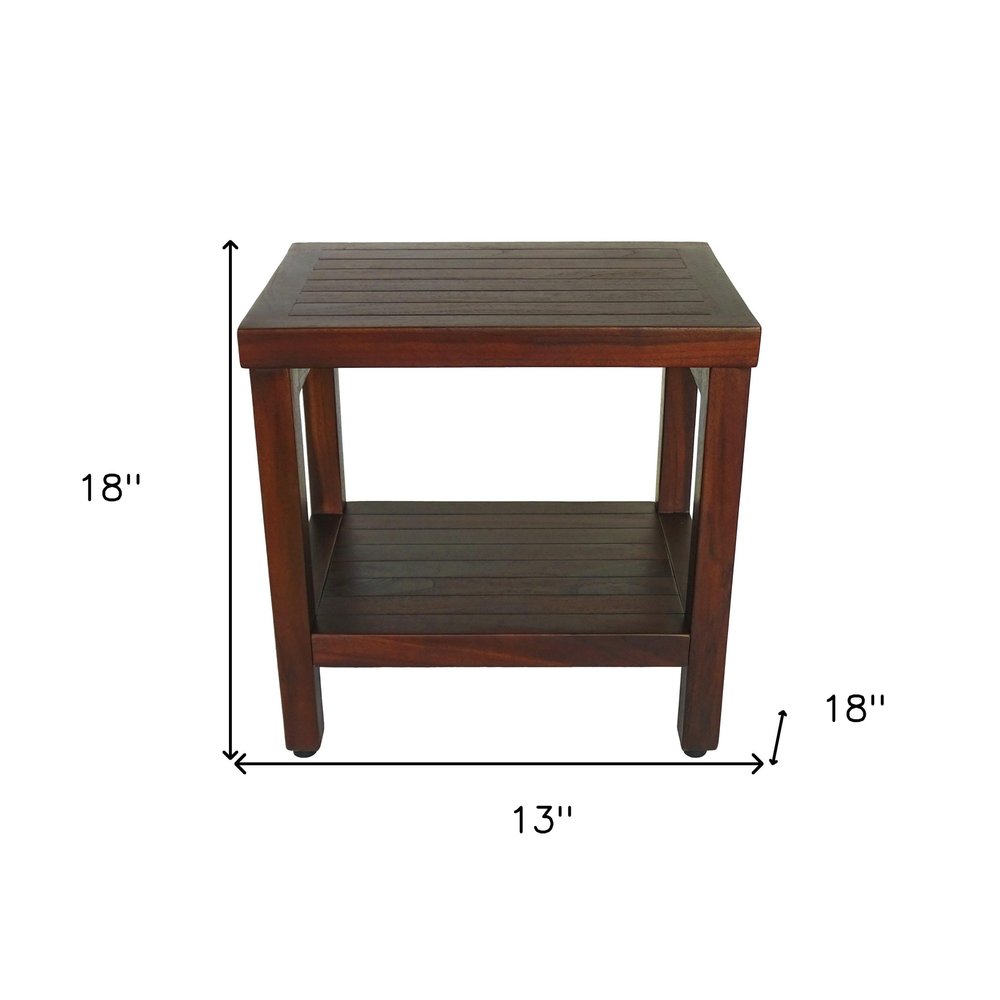 Compact Rectangular Teak Shower Or Outdoor Bench With Shelf In Brown Finish