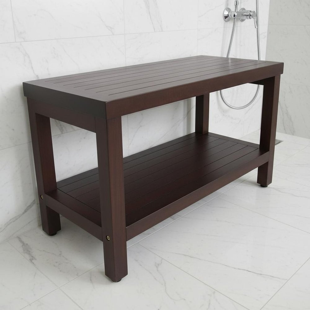 Rectangular Teak Shower Stool Or Bench With Shelf In Brown Finish
