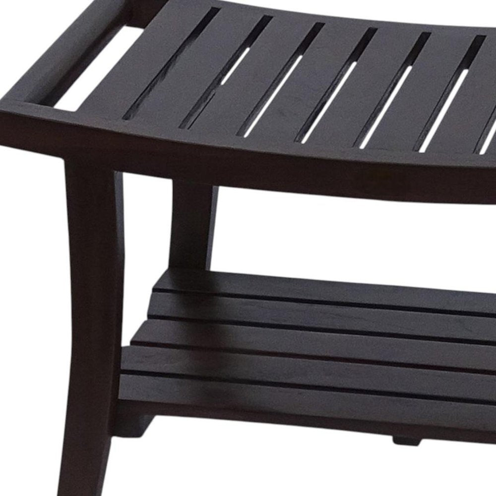 30" Dark Brown Teak Rectangular Shower Bench With Shelf