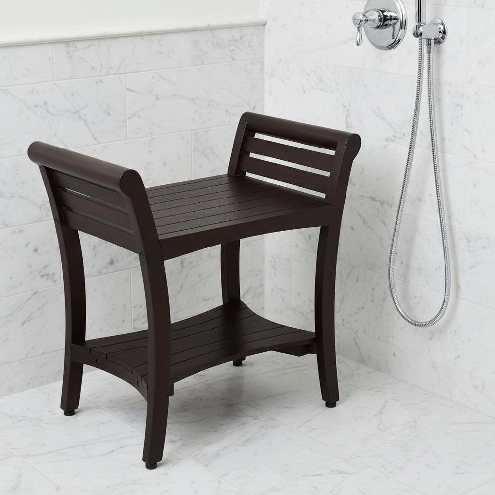 Contemporary Teak Shower Bench With Handles In Dark Brown