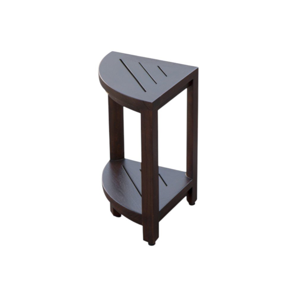 Compact Triangular Teak Shower Outdoor Bench With Shelf In Brown Finish