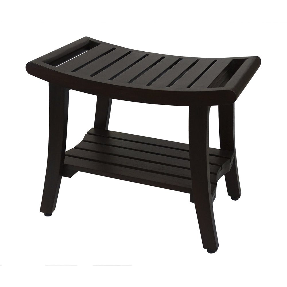 24" Dark Brown Freestanding Teak Shower Bench With Shelf And Handles