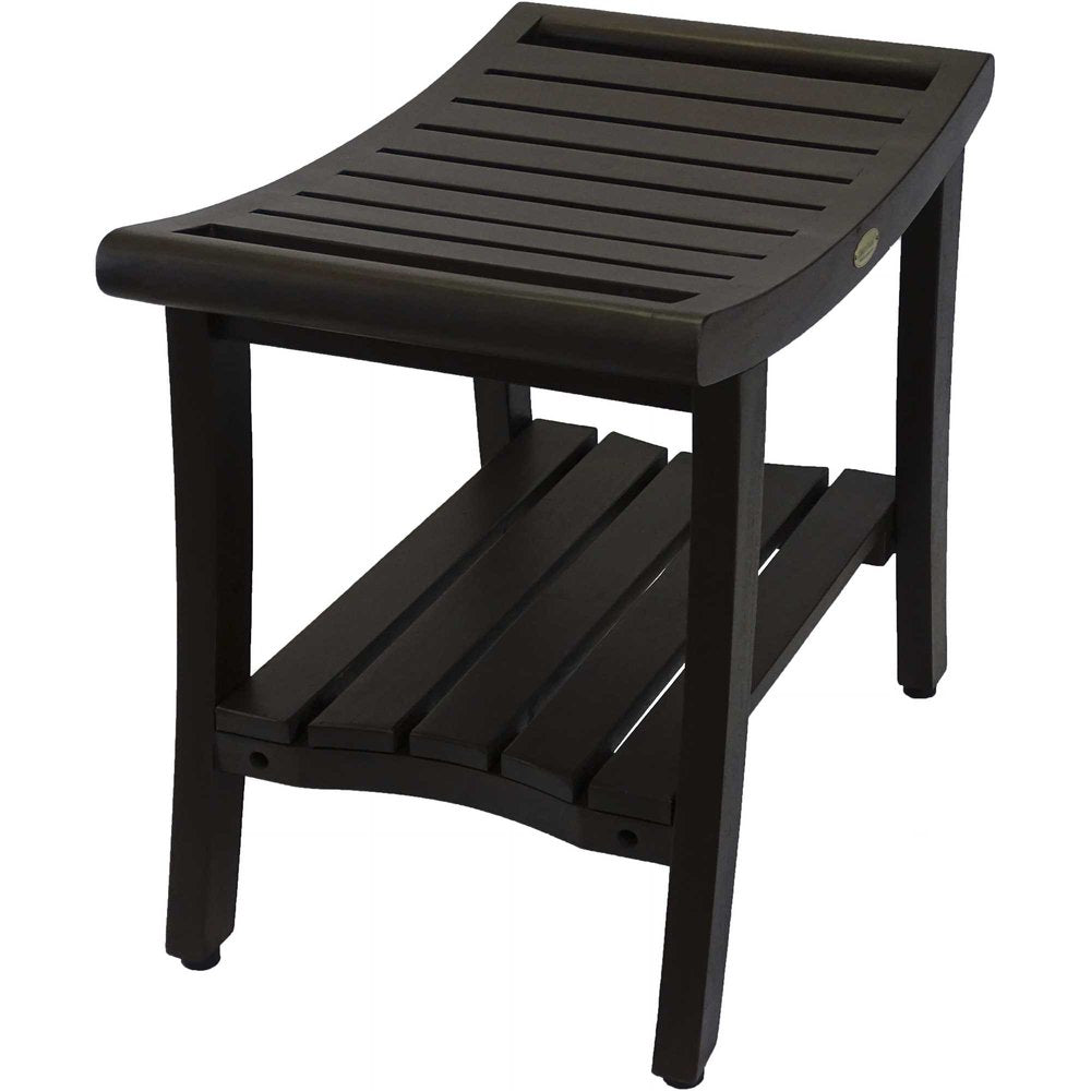 24" Dark Brown Freestanding Teak Shower Bench With Shelf And Handles