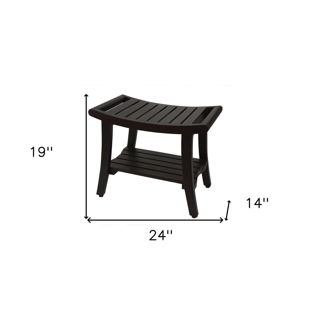 24" Dark Brown Freestanding Teak Shower Bench With Shelf And Handles