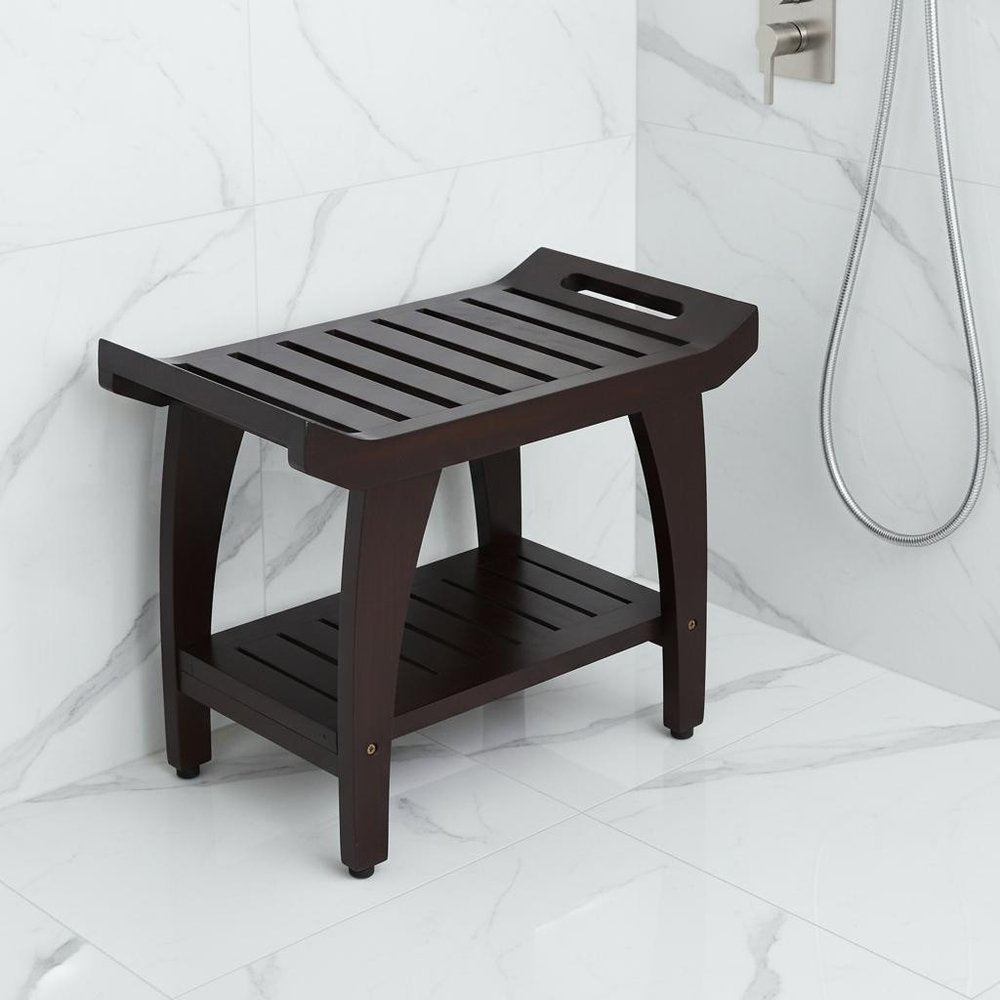 Contemporary Teak Shower Bench With Shelf And Handles In Brown Finish
