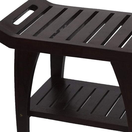 Contemporary Teak Shower Bench With Shelf And Handles In Brown Finish
