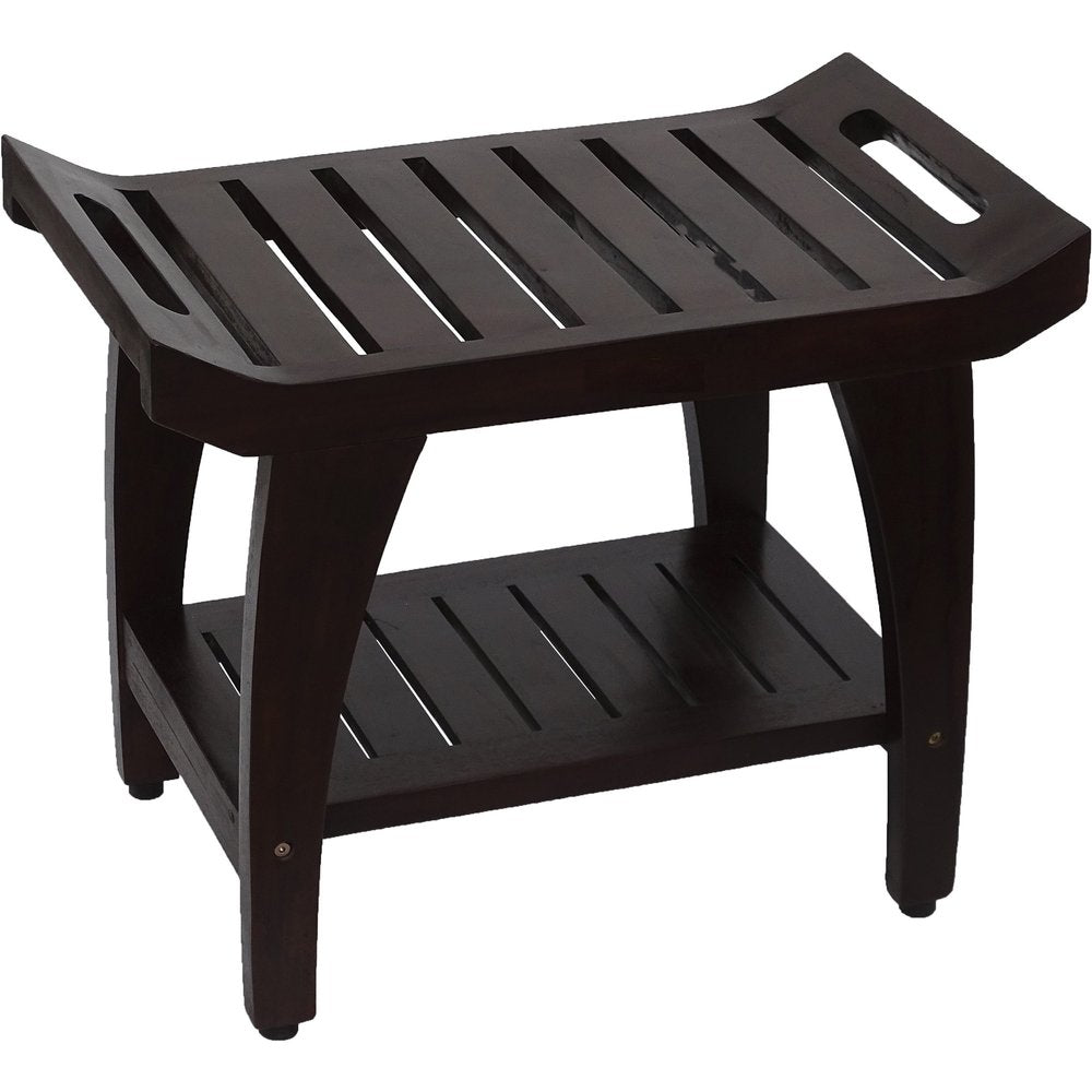 Contemporary Teak Shower Bench With Shelf And Handles In Brown Finish