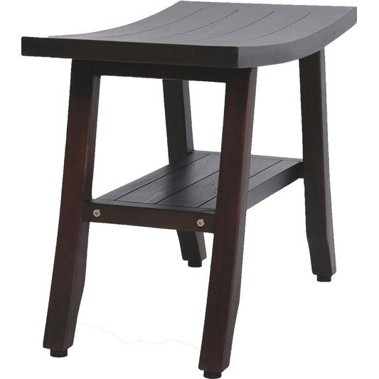 24" Dark Brown Teak Shower Bench With Shelf