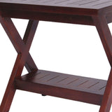 Compact X Shape Teak Shower Outdoor Bench With Shelf In Brown Finish