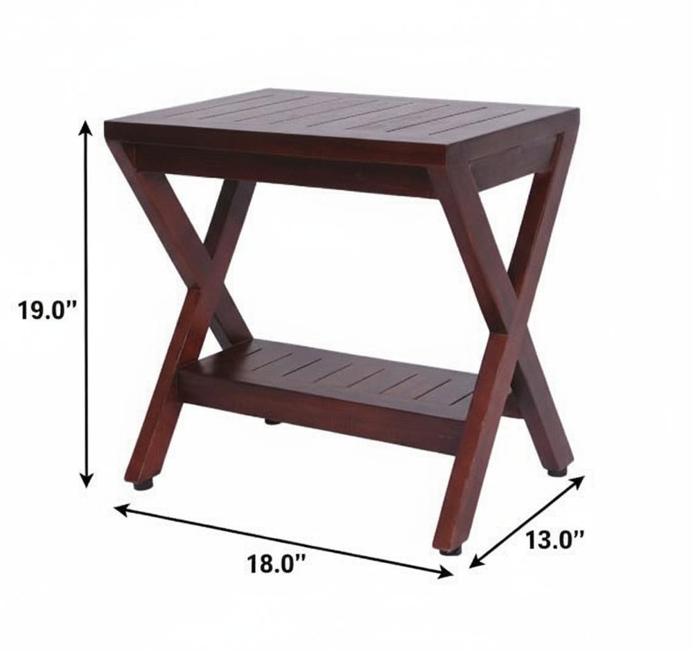 Compact X Shape Teak Shower Outdoor Bench With Shelf In Brown Finish