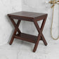 Compact X Shape Teak Shower Outdoor Bench With Shelf In Brown Finish