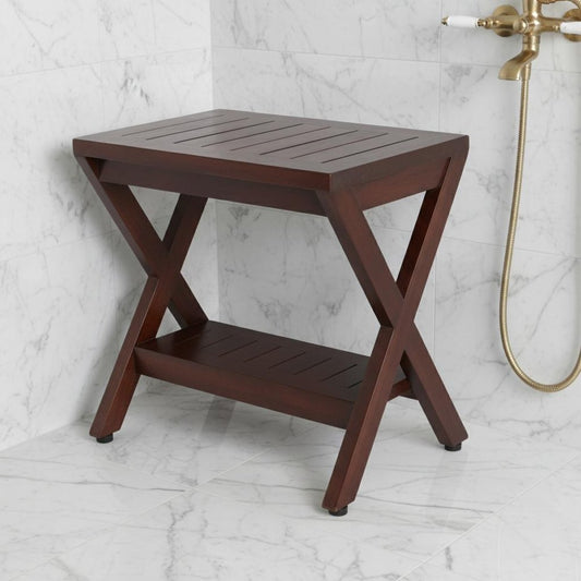 Compact X Shape Teak Shower Outdoor Bench With Shelf In Brown Finish