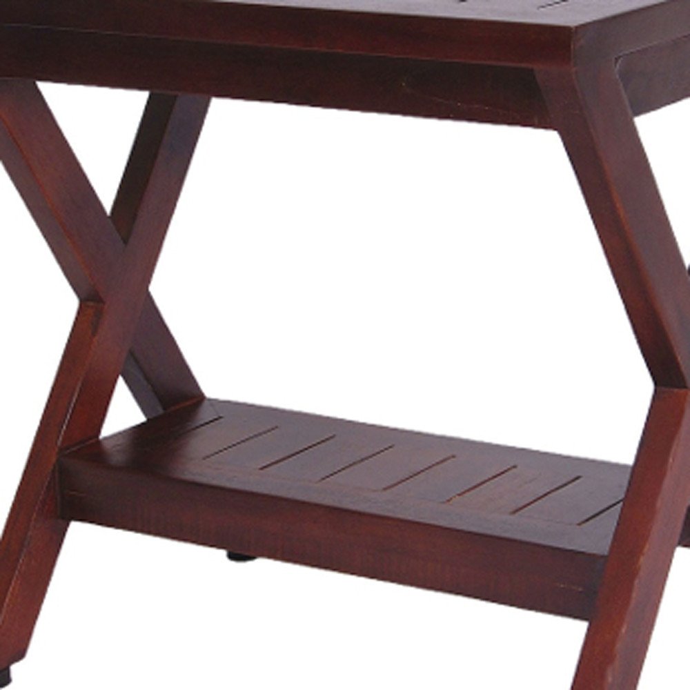 Compact X Shape Teak Shower Outdoor Bench With Shelf In Brown Finish