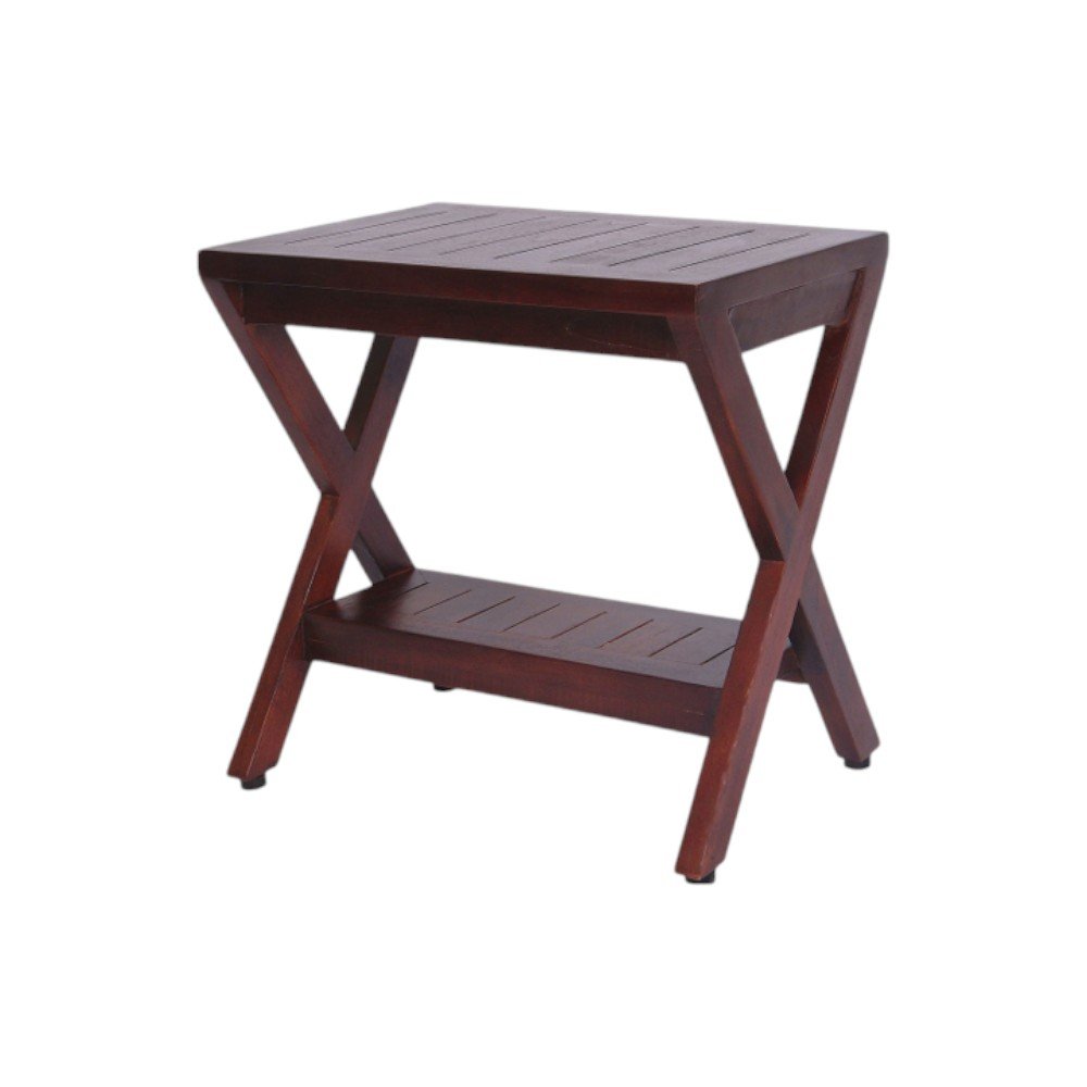 Compact X Shape Teak Shower Outdoor Bench With Shelf In Brown Finish