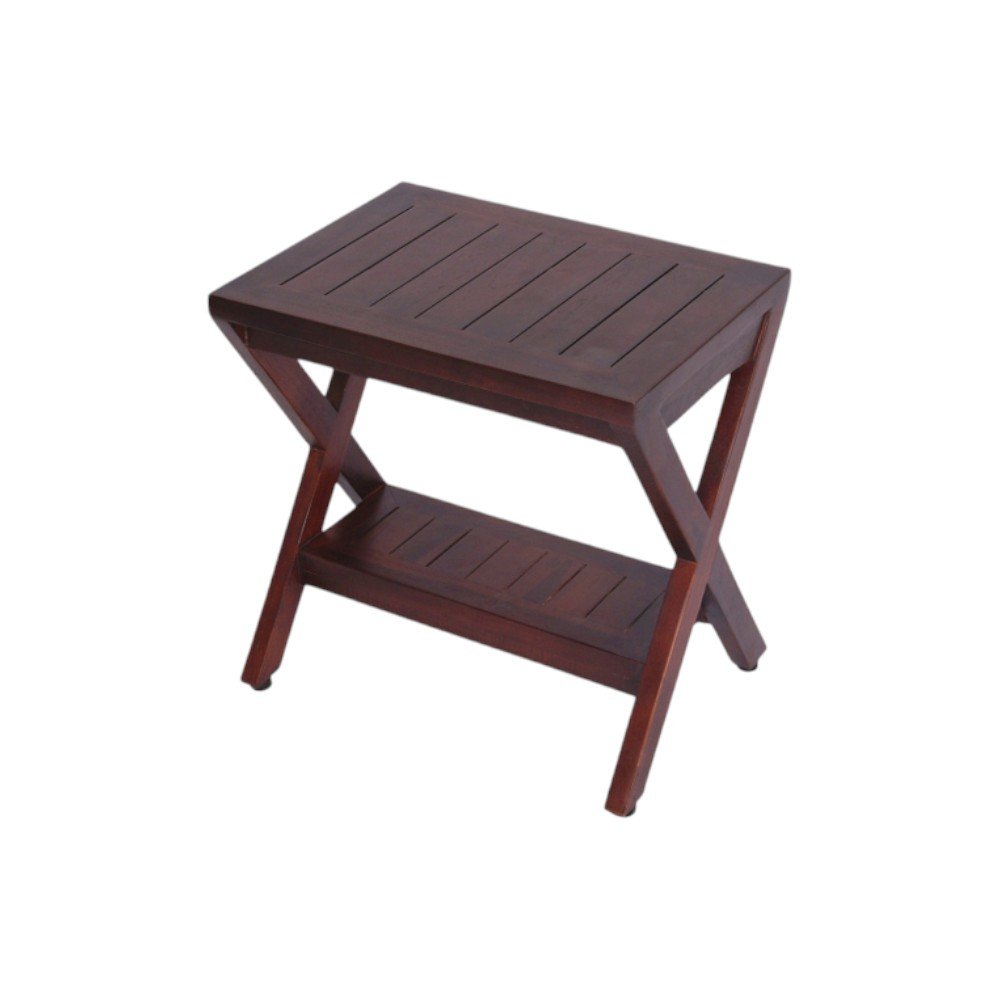 Compact X Shape Teak Shower Outdoor Bench With Shelf In Brown Finish