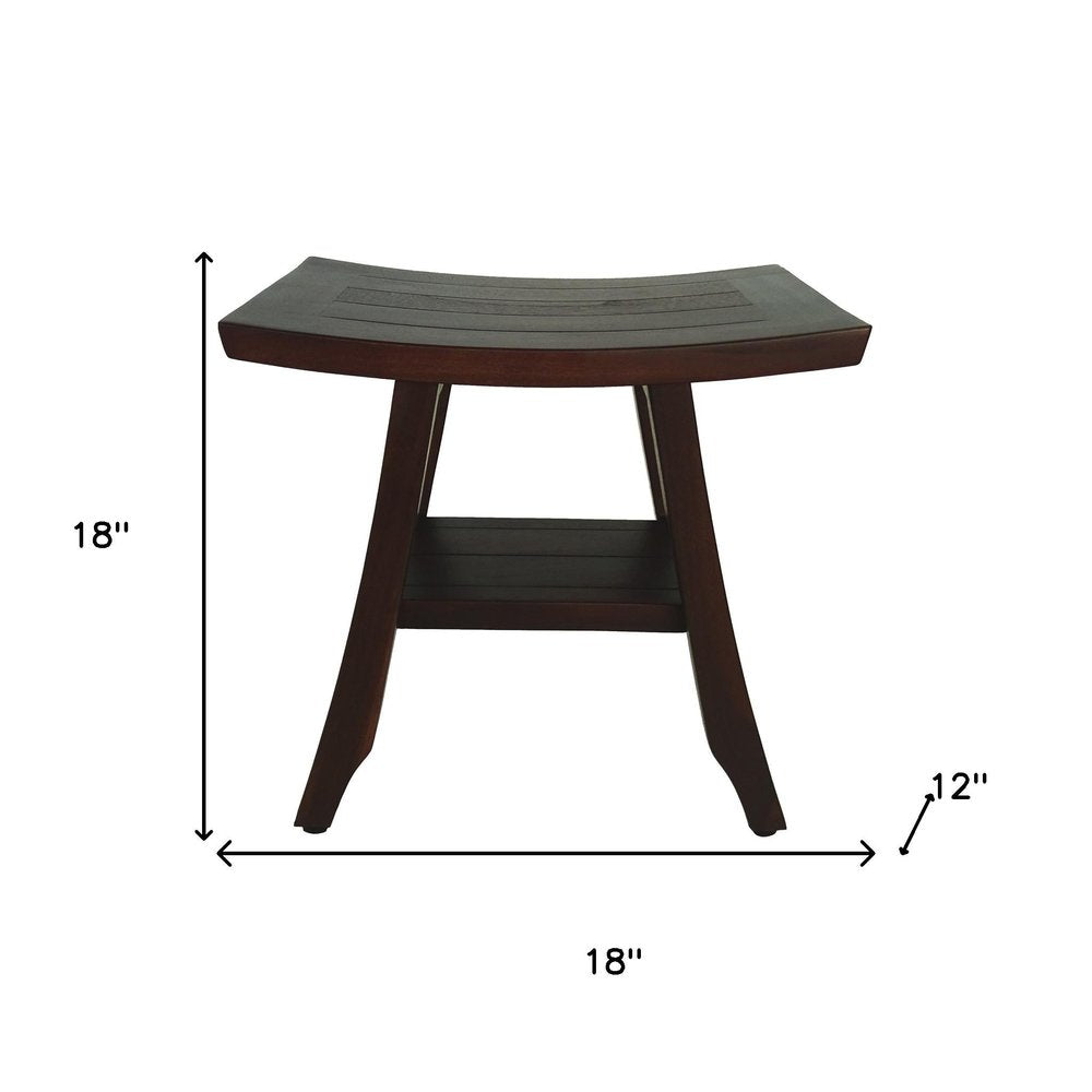 Compact Curvilinear Teak Shower Or Outdoor Bench With Shelf In Brown Finish