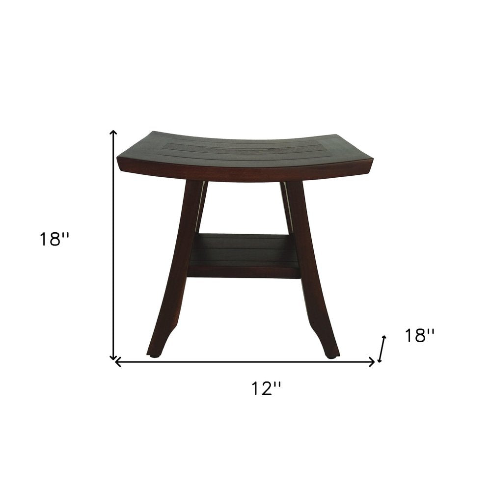 Compact Curvilinear Teak Shower Or Outdoor Bench With Shelf In Brown Finish