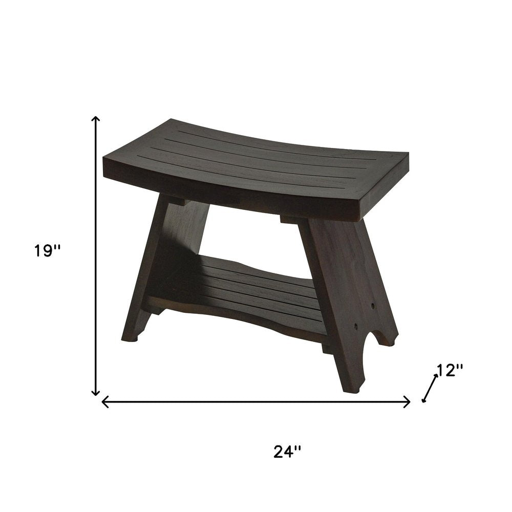 Teak Rectangular Shower Bench With Shelf In Brown Finish