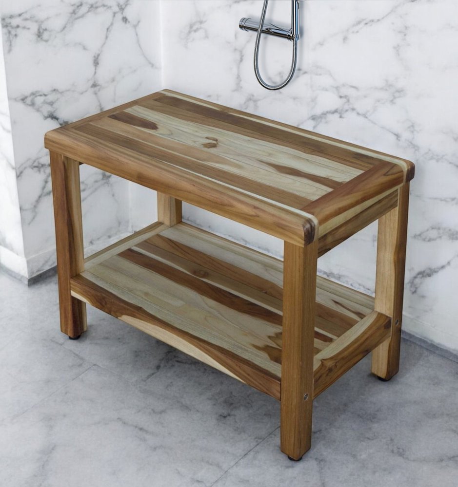 24" Natural Teak Rectangular Shower Bench With Shelf