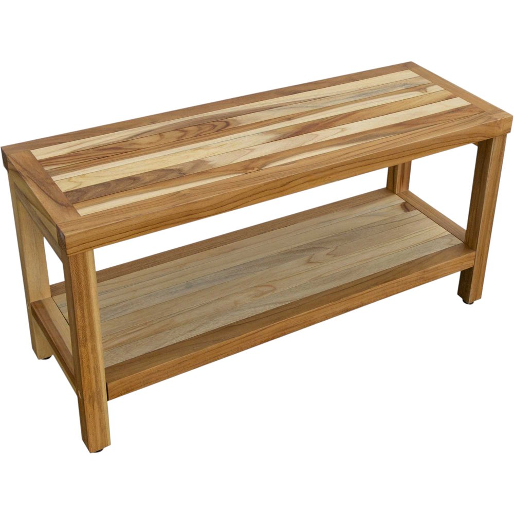 36" Natural Solid Teak Rectangular Shower Bench With Shelf