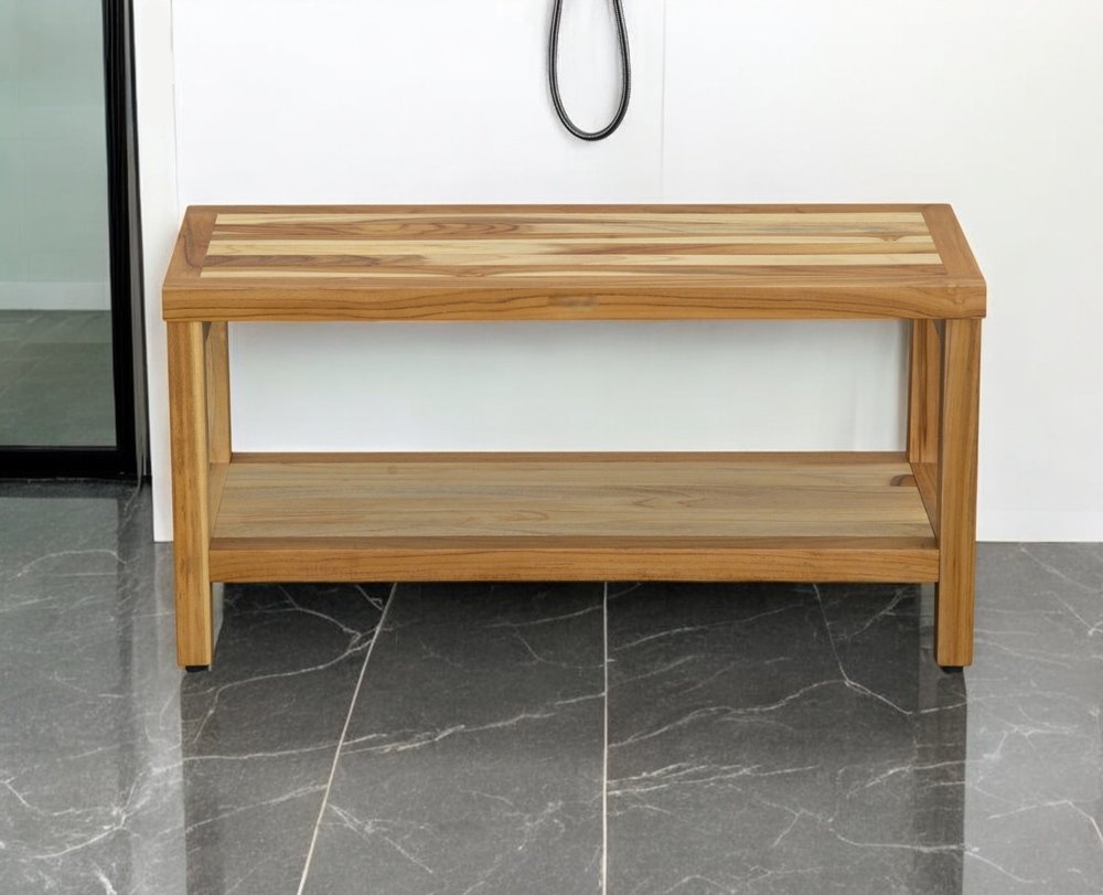 36" Natural Solid Teak Rectangular Shower Bench With Shelf