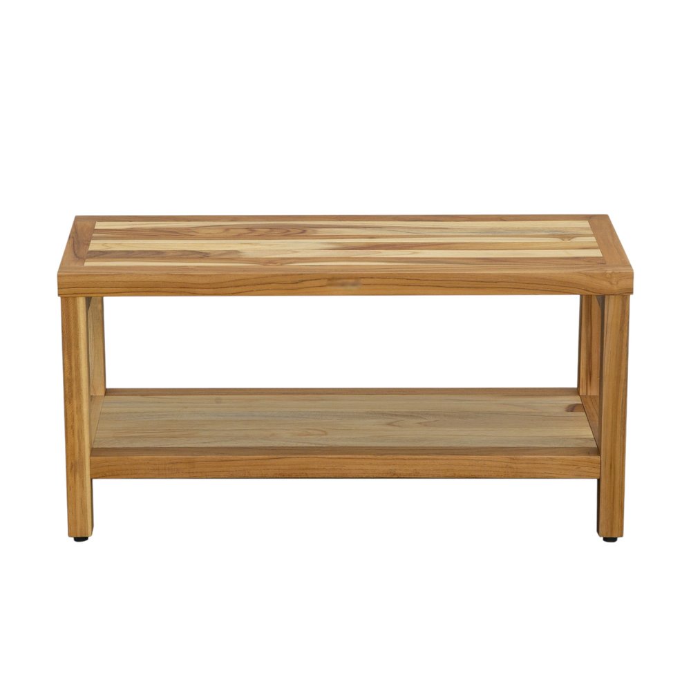 36" Natural Solid Teak Rectangular Shower Bench With Shelf