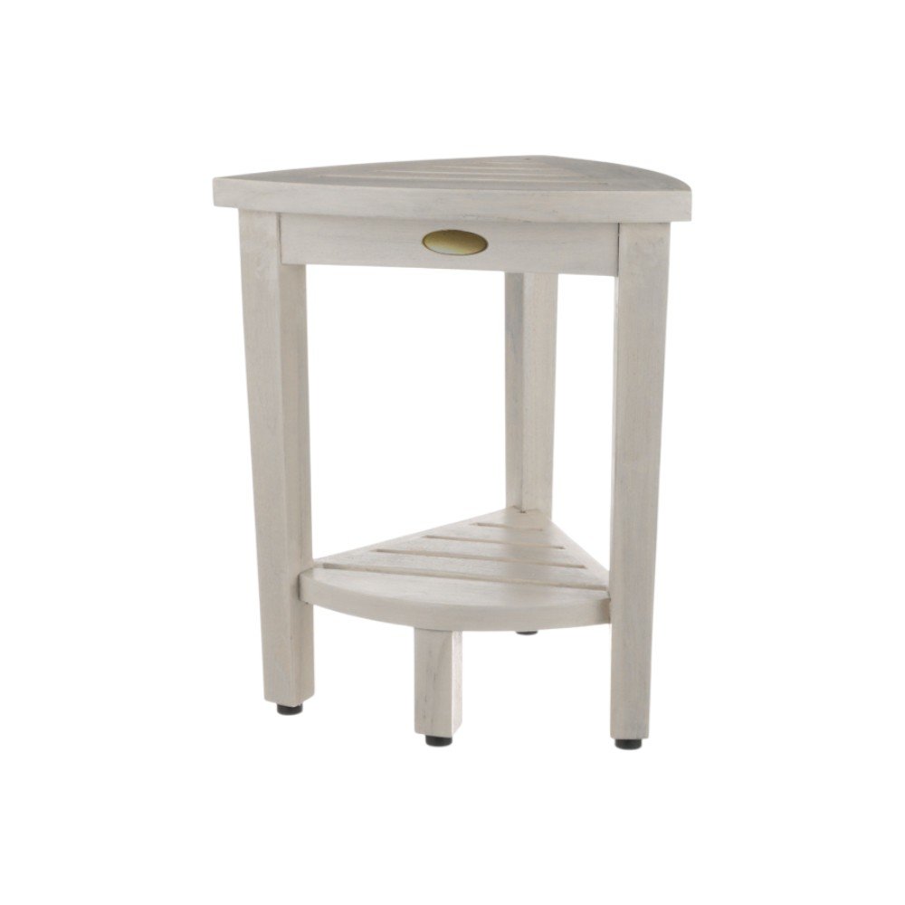 Compact Teak Corner Shower Stool With Shelf In Whitewash Finish