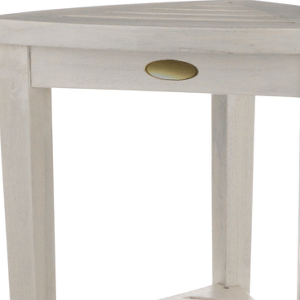 Compact Teak Corner Shower Stool With Shelf In Whitewash Finish