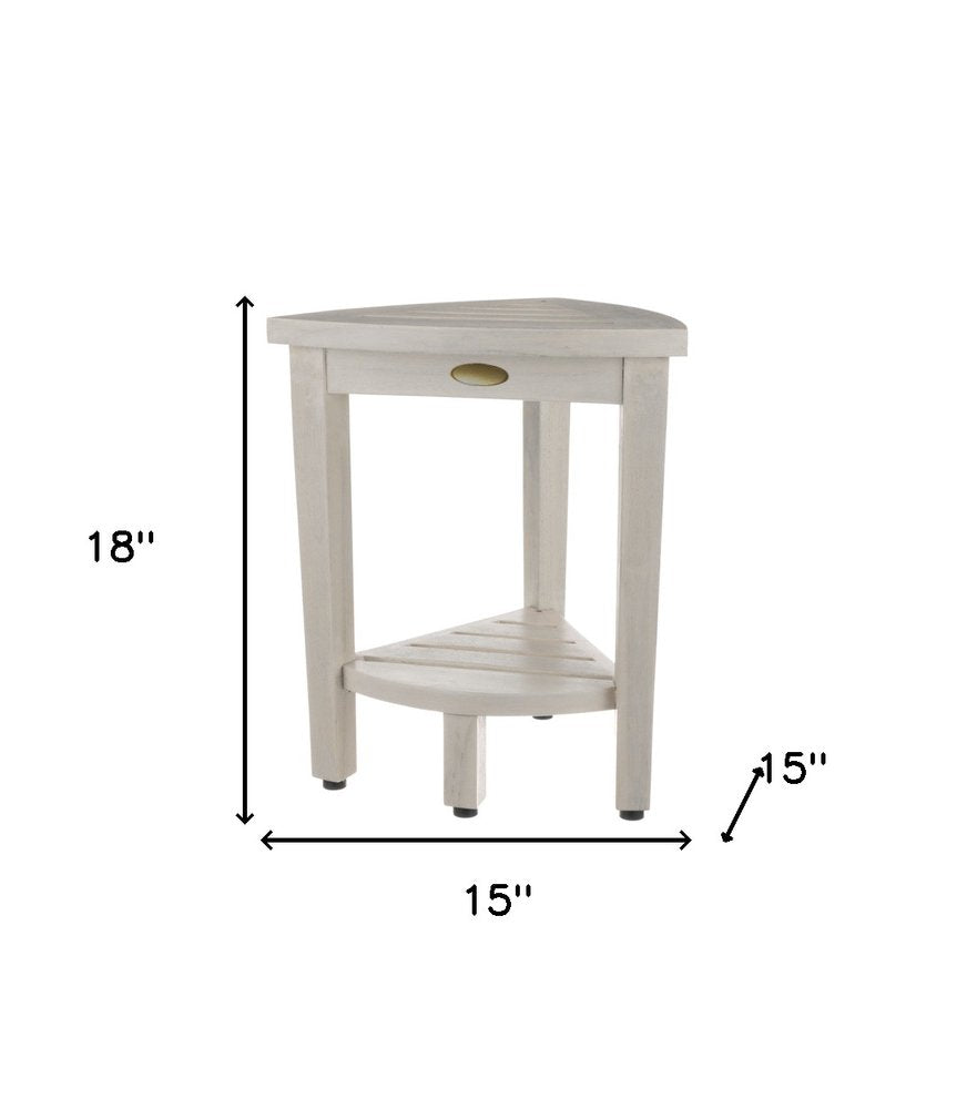 Compact Teak Corner Shower Stool With Shelf In Whitewash Finish