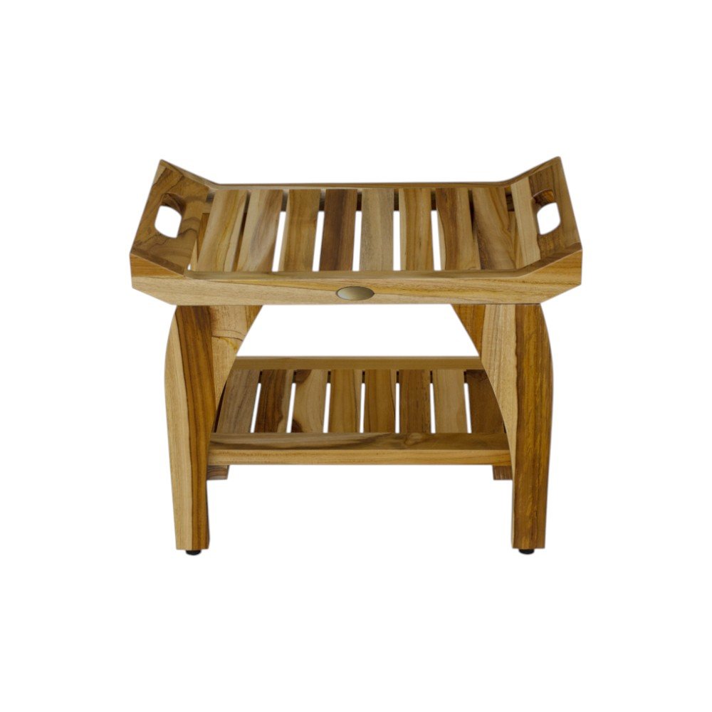 Compact Rectangular Teak Shower Bench With Handles In Natural Finish